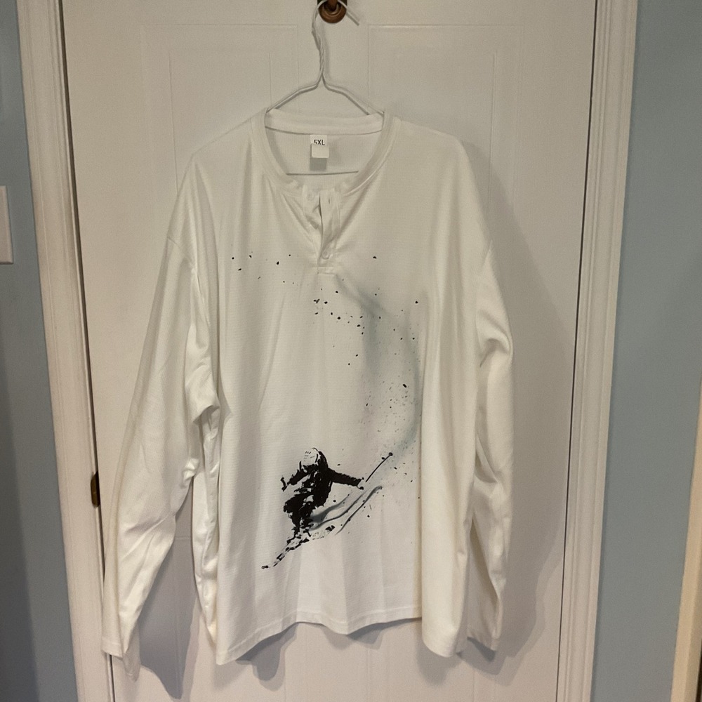 Unbranded Henley Shirt Mens 5XL White Excellent Skier Graphic Long Sleeve